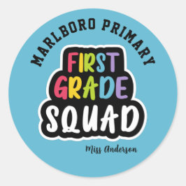 Blue School Name First Grade Teacher Squad Runder Aufkleber