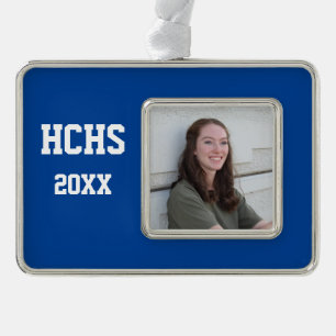 Blue School Team Colors mit Foto und Jahr Rahmen-Ornament Silber