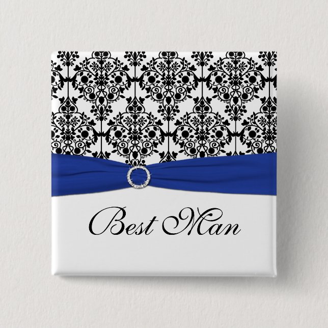 Blue Schwarz-weiß Damask Trauzeuge Button (Vorderseite)