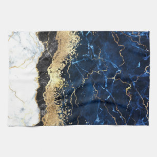 Blue Schwarz-weiß Marble Glam Geschirrtuch