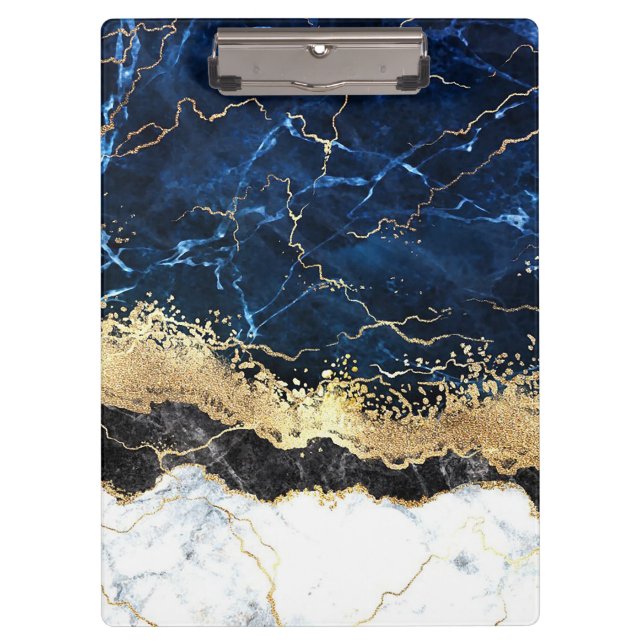 Blue Schwarz-weiß Marble Glam Klemmbrett (Vorderseite)