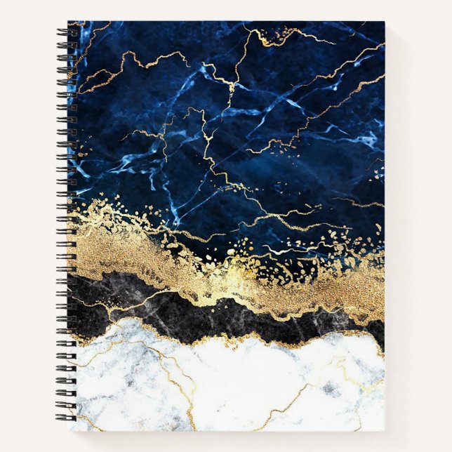 Blue Schwarz-weiß Marble Glam Notizbuch (Vorderseite)