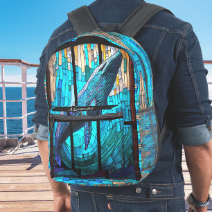 Blue Schwarz-weiß Orka Whale Stain Glass Look Bedruckter Rucksack