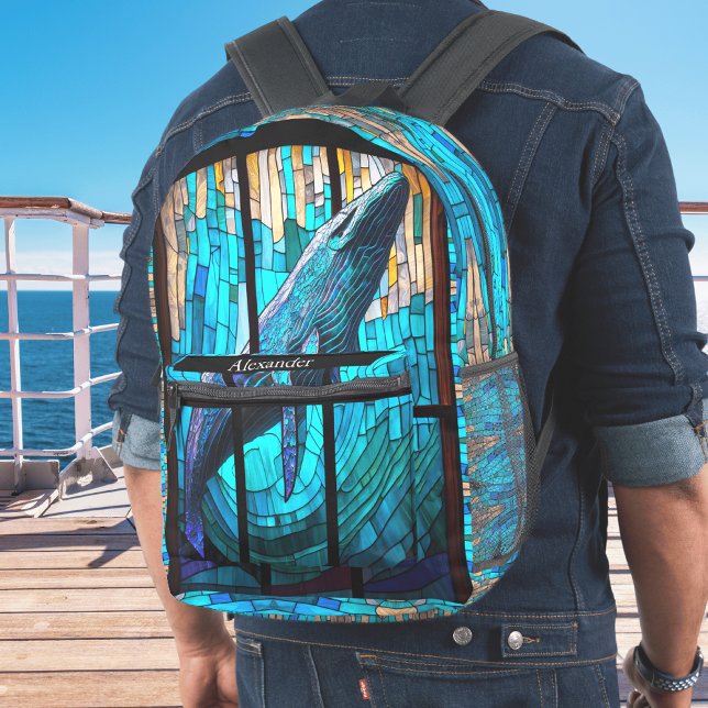 Blue Schwarz-weiß Orka Whale Stain Glass Look Bedruckter Rucksack (Von Creator hochgeladen)