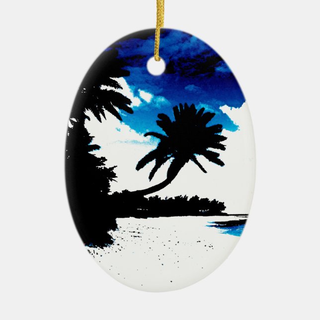 Blue Schwarz-weiß Palm Tree Beach Ornament (Vorne)