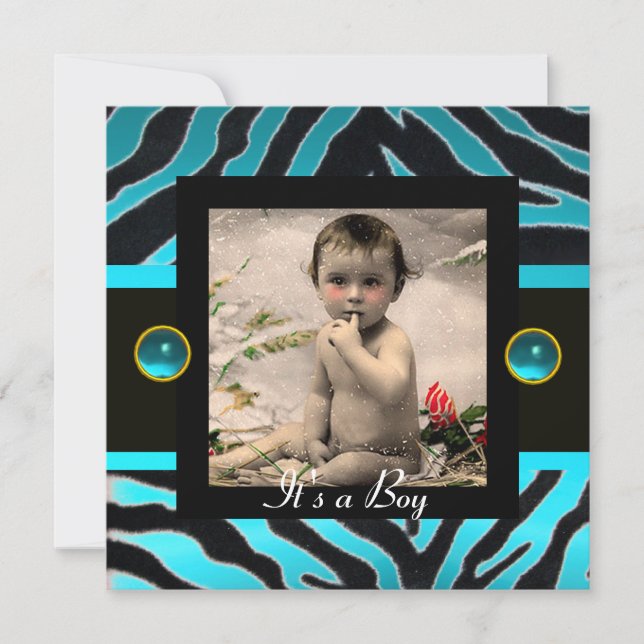 BLUE SCHWARZ-WEISSE ZEBRA FUR Monogramm-Fotomodell Einladung (Vorderseite)