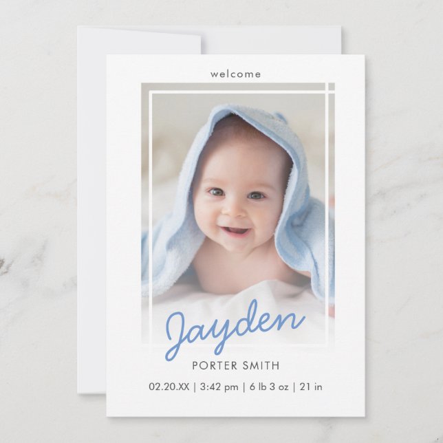 Blue Script Boy Foto Birth Announcement Card Ankündigung (Vorderseite)