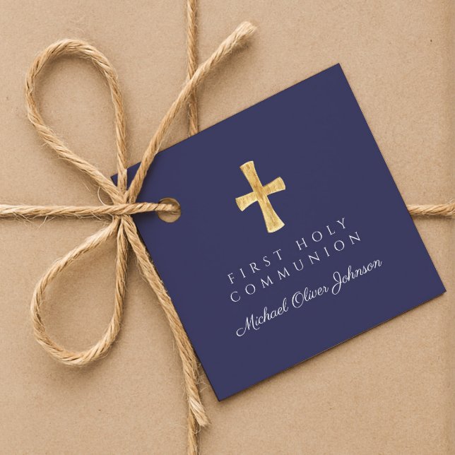 Blue Script Cross Boy Erste Kommune Geschenkanhänger (Navy Blue Script Cross Boy First Communion Favor Tags)