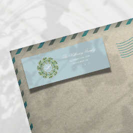 Blue Script Monogram Wreath Holiday Rücksendeadres