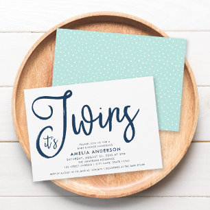 Blue Script & Pastel Mint Es ist Twins Baby Dusche Einladung