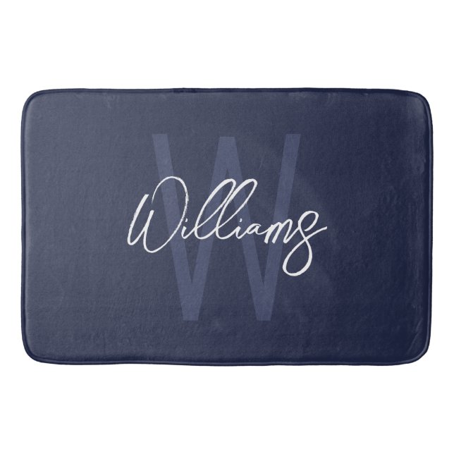 Blue Script Personalisiert Monogram und Name Badematte (Vorderseite)