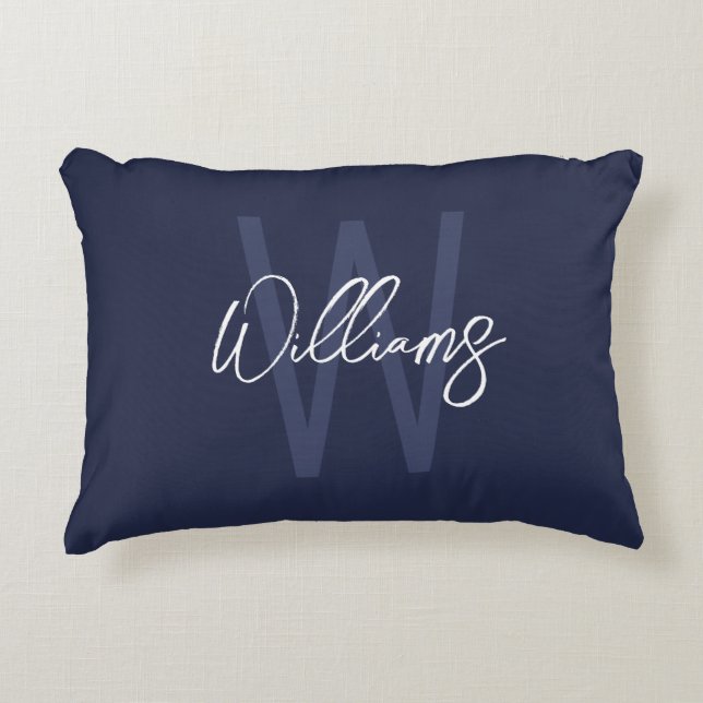 Blue Script Personalisiert Monogram und Name Dekokissen (Vorderseite)