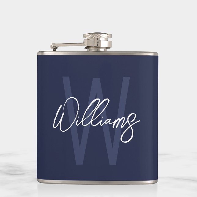Blue Script Personalisiert Monogram und Name Flachmann (Von Creator hochgeladen)