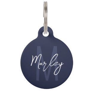Blue Script Personalisiert Monogram und Name Haustiermarke