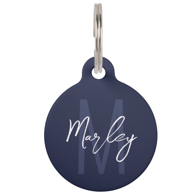 Blue Script Personalisiert Monogram und Name Haustiermarke (Vorderseite)