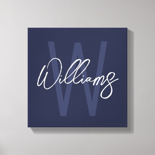 Blue Script Personalisiert Monogram und Name Leinwanddruck (Vorderseite)