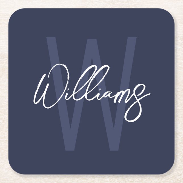 Blue Script Personalisiert Monogram und Name Rechteckiger Pappuntersetzer (Vorderseite)