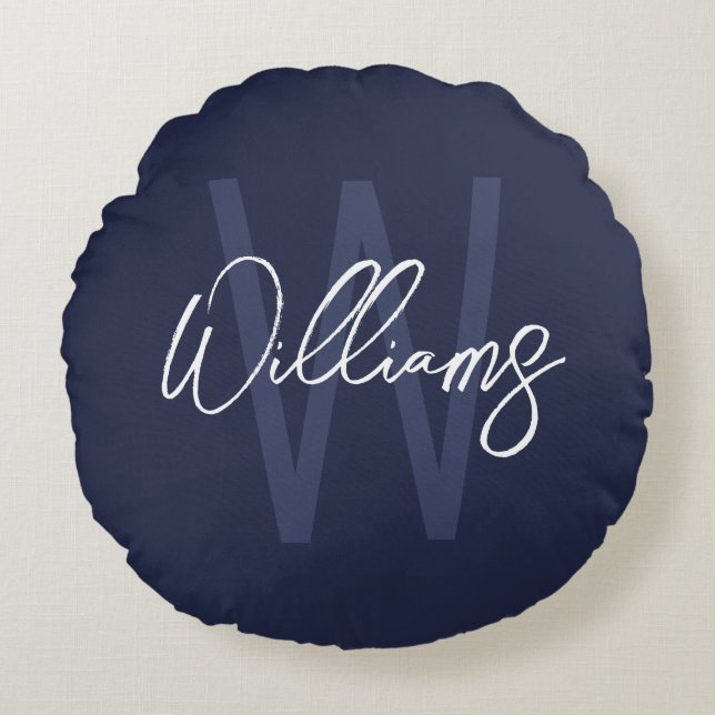 Blue Script Personalisiert Monogram und Name Rundes Kissen (Vorderseite)