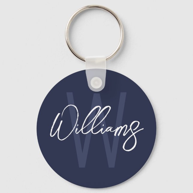 Blue Script Personalisiert Monogram und Name Schlüsselanhänger (Vorderseite)