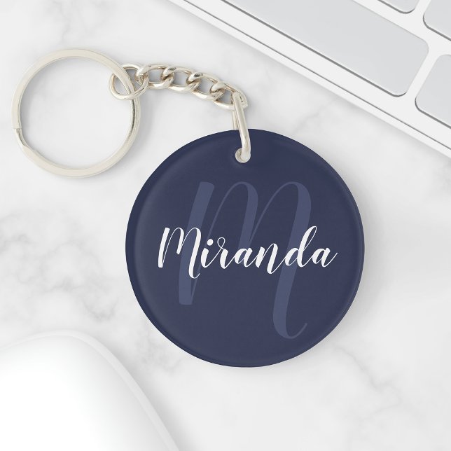 Blue Script Personalisiert Monogram und Name Schlüsselanhänger (Von Creator hochgeladen)