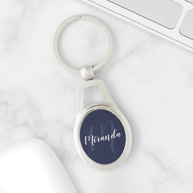 Blue Script Personalisiert Monogram und Name Schlüsselanhänger (Von Creator hochgeladen)