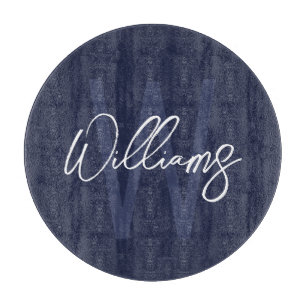 Blue Script Personalisiert Monogram und Name Schneidebrett
