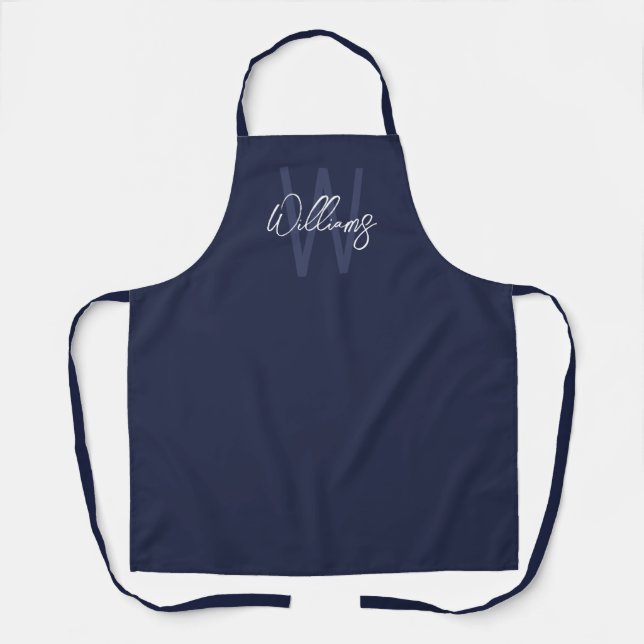 Blue Script Personalisiert Monogram und Name Schürze (Vorderseite)