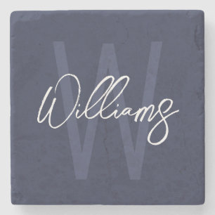 Blue Script Personalisiert Monogram und Name Steinuntersetzer