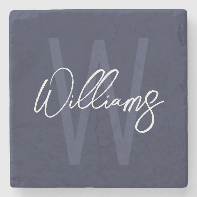 Blue Script Personalisiert Monogram und Name Steinuntersetzer (Vorderseite)