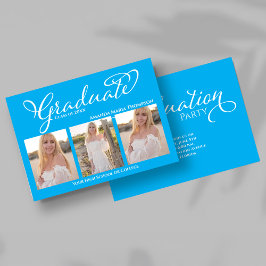 Blue Script Photo Collage Graduation Announcement Einladung