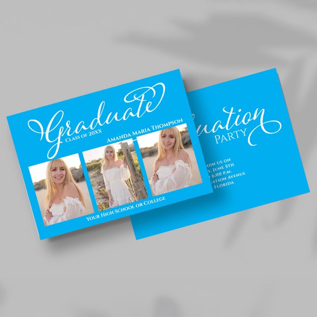Blue Script Photo Collage Graduation Announcement Einladung (Front view of blue script photo collage graduation announcement with three senior portraits.)