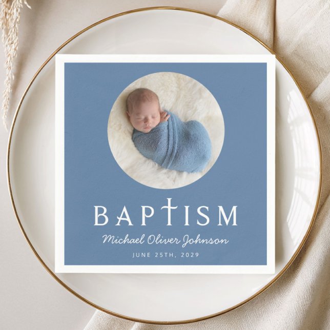 Blue Script Religious Cross Baptism Foto Serviette (Blue Script Religious Cross Baptism Photo Napkins)