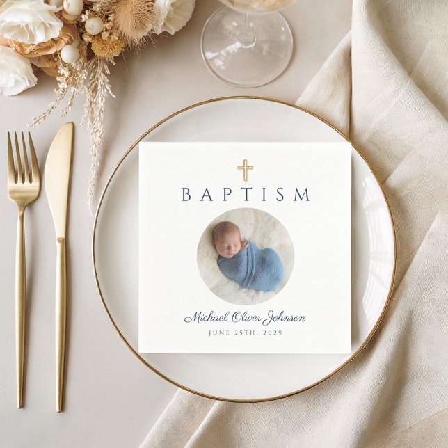 Blue Script Religious Cross Boy Baptism Foto Serviette (Blue Script Religious Cross Boy Baptism Photo Napkins
)