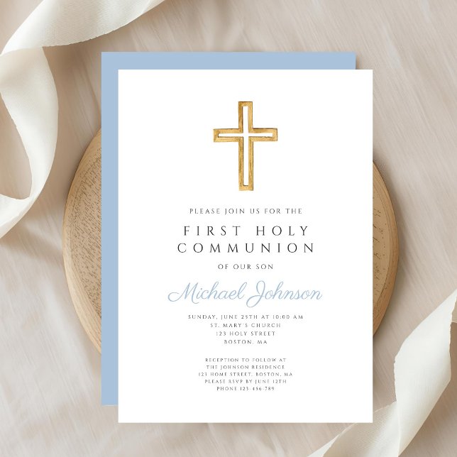 Blue Script Religious Cross Boy First Communion Einladung (Blue Script Religious Cross Boy First Communion Invitation)