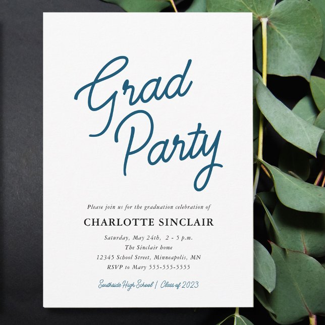 Blue Script Simple Budget Grad Party Einladung (Von Creator hochgeladen)