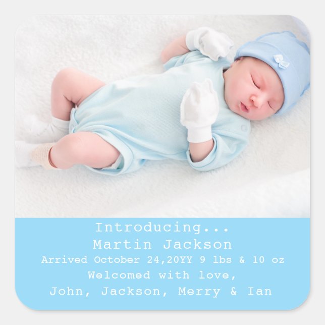 Blue Script Sweet Modern Boy Birth Foto Quadratischer Aufkleber (Vorderseite)