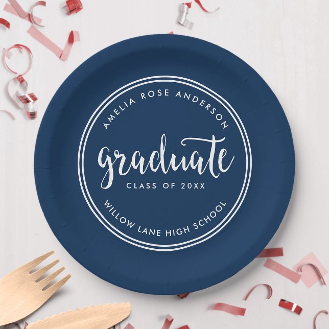 Blue Script und White Stripes Graduate Abschluss Pappteller (Von Creator hochgeladen)