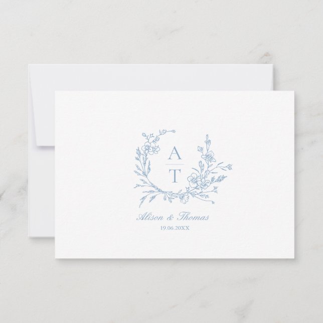 Blue Script Wildblume Monogram Details Card Einladung (Rückseite)