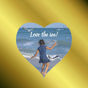 Blue Sea and Beach Joy Happy Dance Foto Text Herz-Aufkleber
