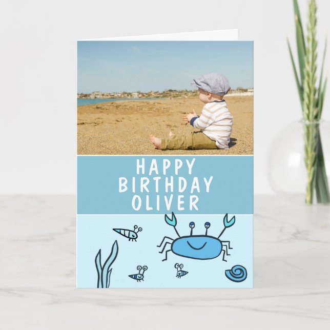 Blue Sea Animals Crab Muschel Boy Birthday Foto Karte (Vorderseite)