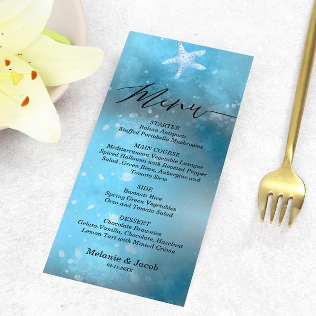 Blue Sea Summer Wedding Flat Menu Card Menükarte (Von Creator hochgeladen)