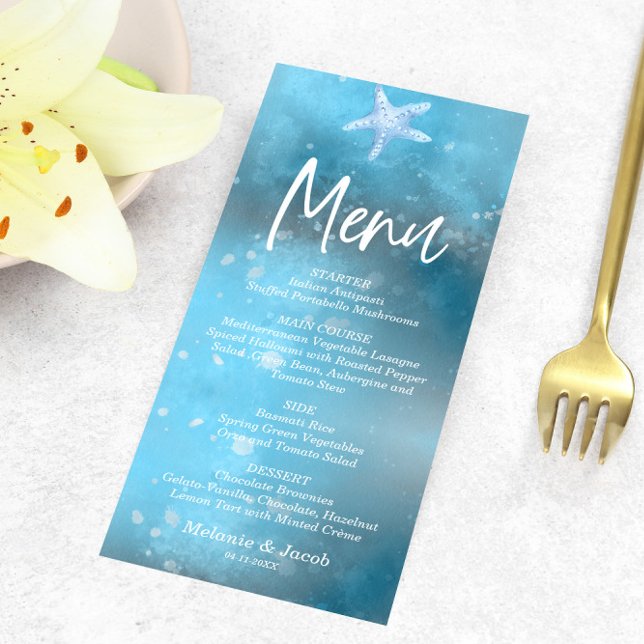 Blue Sea Summer Wedding Flat Menu Card Menükarte (Von Creator hochgeladen)