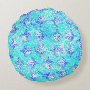Blue Sea Turtle Print Rundes Kissen