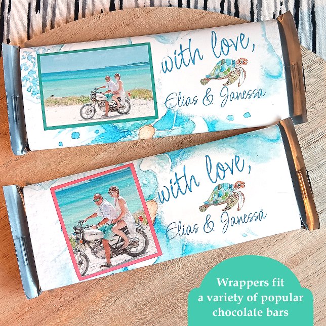 Blue Sea Turtle Wedding Candy Bar Wrapper Flyer (tropical blue wedding party favor candy wrappers, personalized blue chocolate labels sea turtles)