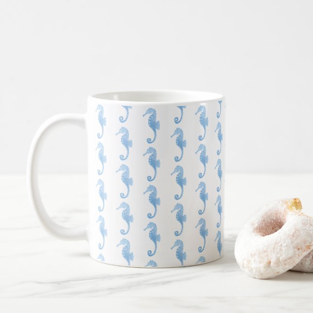 Blue Seahorse Coastal Pattern Mug  Kaffeetasse (Mit Donut)