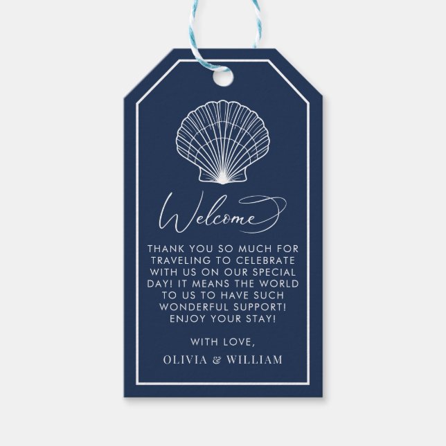Blue Seashell Beach Elegante Hochzeit Willkommen Geschenkanhänger (Vorderseite)
