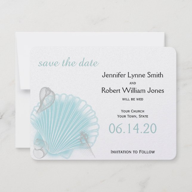 Blue Seashell Beach Wedding Save the Date (Vorderseite)