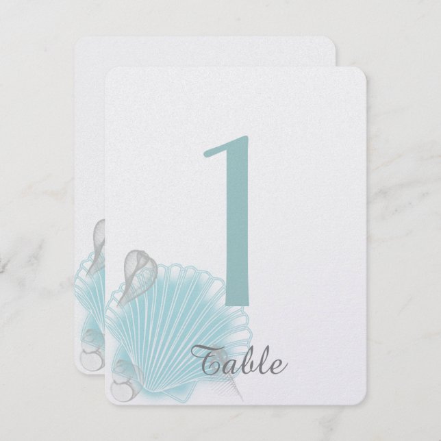 Blue Seashell Beach Wedding Tischnummer (Vorne/Hinten)
