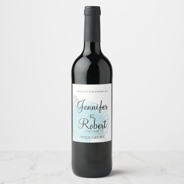 Blue Seashell Beach Wedding Wine Label Weinetikett (Vorderseite)