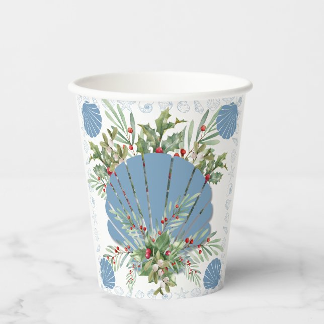 Blue Seashell Coastal Weihnachten Pappbecher (Vorderseite)